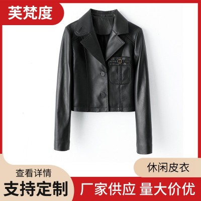 海宁真皮皮衣女春款2024绵羊皮短款时尚修身皮夹克羊皮外套定制图5