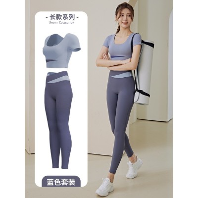 聚衣堂拼色短袖瑜伽服套装女裸感露脐短款上衣提臀跑步运动健身服图4