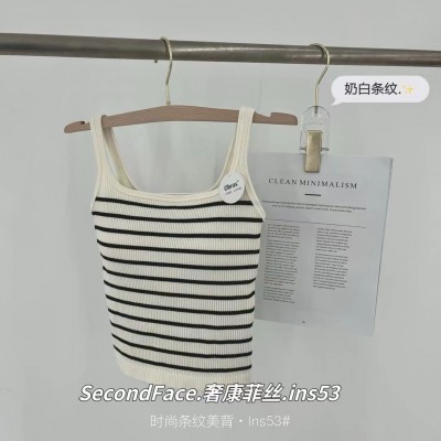 奢康菲丝~ins53经典中长款时尚条纹固定杯吊带背心舒适白搭图2