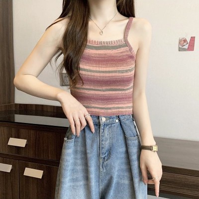 夏季辣妹条纹吊带背心女显瘦内搭外穿新短款修身无袖针织美背上衣图4