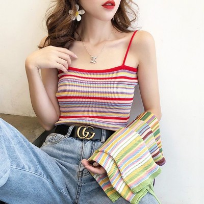 龙胜夏季性感辣妹彩色条纹美背针织小吊带背心女内搭外穿短款上衣图5