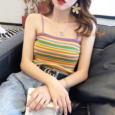 龙胜夏季性感辣妹彩色条纹美背针织小吊带背心女内搭外穿短款上衣图3
