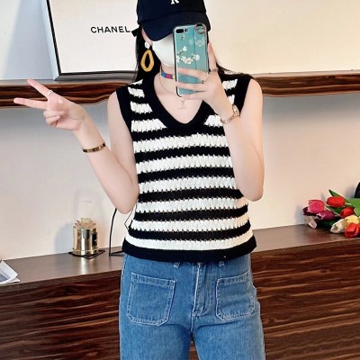 夏季V领条纹背心慵懒软糯设计感针织衫女外穿高级感打底上衣批发图5