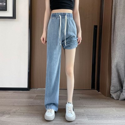 简约轻薄款天丝牛仔裤女长裤2024春夏季弹力系带松紧腰垂 感阔腿裤图4