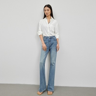 HEY+JEANS高端设计感复古牛仔裤女春秋新款高腰显瘦显高微喇长裤图4