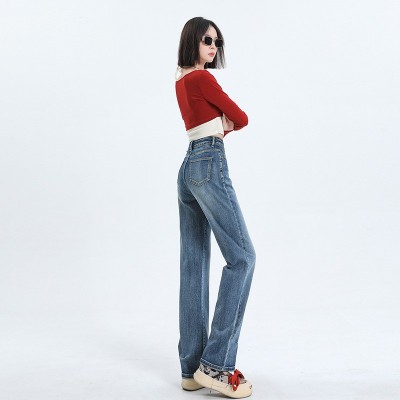 HEY+JEANS超柔复古直筒弹力牛仔裤女2024春秋新款高腰显瘦拖地裤图4
