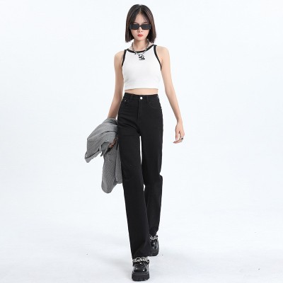 HEY+JEANS超柔复古直筒弹力牛仔裤女2024春秋新款高腰显瘦拖地裤图2