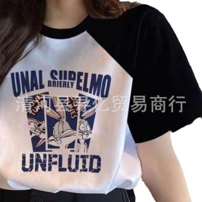 2024新款棉插肩袖撞色短袖T恤女简约宽松百搭韩版ins卡通情侣装图5