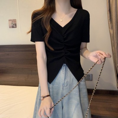 抖音同款女装夏季法式V领收腰不规则修身正肩T恤胖mm显瘦遮肚上衣图4