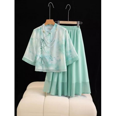 2024夏季新款中式复古旗袍上衣国风雪纺唐装改良汉服禅茶服套装女图3