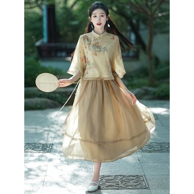 夏季新款民国风气质女装新中式复古国风仕女印花改良唐装汉 服套装图5