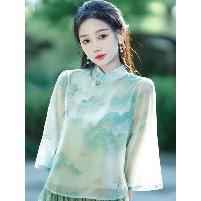 新款新中式复古立领国风青山绿印花气质改良唐装汉服禅茶服套装仙图3