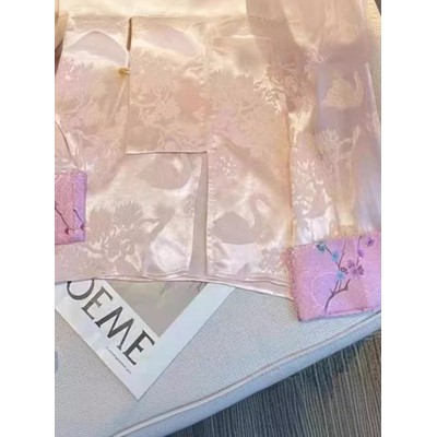 新中式粉色盘扣衬衫女春秋2024新款小衫国风唐装衬衣短款真丝上衣图3