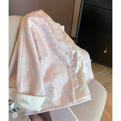 茱萸粉新中式提花圆领短外套女春季2024年国风高ji感改良 唐装上衣图4