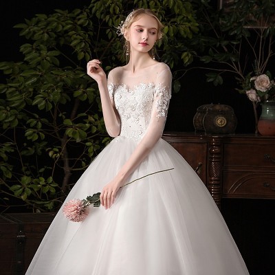 2024新娘结婚礼服婚纱白色网纱蕾丝婚纱性感绑带齐地婚纱厂家直销图5