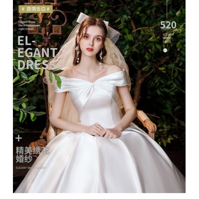 一字肩缎面主婚纱2024新款新娘气质显瘦中腰简约宫廷风森系超仙图3