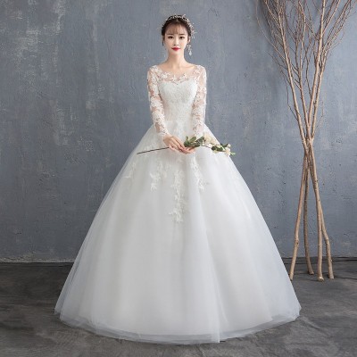婚纱礼服2024新款新娘婚纱蕾丝一字肩长袖韩式显瘦齐地婚纱批发图4