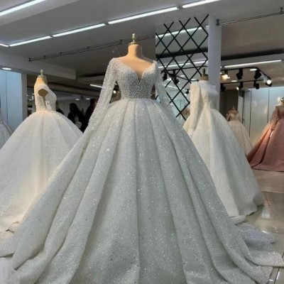 非洲新款新娘婚纱礼服珠饰复古蕾丝高腰气质长袖系带拖尾法式森系图4