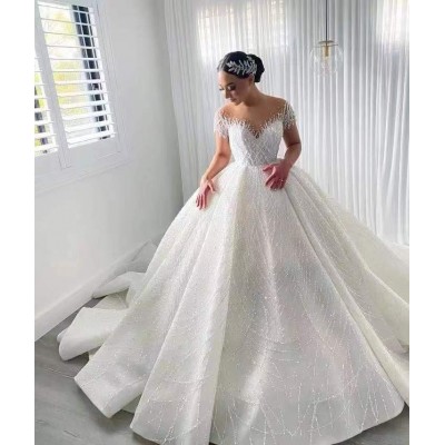 新款非洲婚纱珠绣蕾丝婚纱礼服浅肤色长袖大拖尾新娘结婚嫁衣