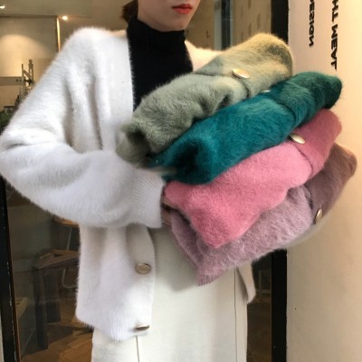 2024春秋冬新款女装仿水貂毛外套气质通勤短款宽松韩版针织开衫女图2