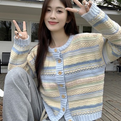 早春秋2024年新款韩版宽松条纹外衣百搭针织毛衣薄款开衫外套女士图4
