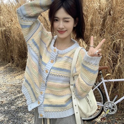 早春秋2024年新款韩版宽松条纹外衣百搭针织毛衣薄款开衫外套女士图2