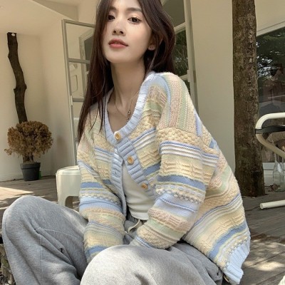 早春秋2024年新款韩版宽松条纹外衣百搭针织毛衣薄款开衫外套女士图3