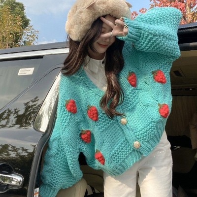 2024开衫外套春秋季宽松甜美草莓毛衣软糯系女v领粗毛线针织上衣图3