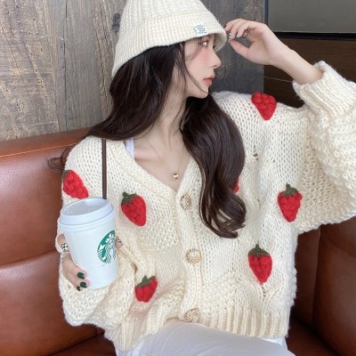 2024开衫外套春秋季宽松甜美草莓毛衣软糯系女v领粗毛线针织上衣图5