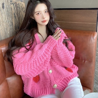 2024开衫外套春秋季宽松甜美草莓毛衣软糯系女v领粗毛线针织上衣图2