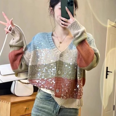 时尚撞色条纹V领亮片针织开衫女春季新款洋气独特别致短毛衣外套图2