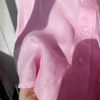春秋新款粉色棉麻衬衣单排扣长袖常规通勤休闲纯色衬衫女图4