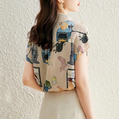 外单短袖衬衣女2022夏季新款宽松显瘦气质翻领设计感印花女式衬衫图4