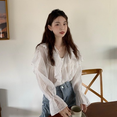 韩系小众荷叶边V领防晒衬衫女2024年春夏新款宽松泡泡袖上衣39319图2