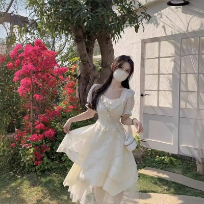 茶歇法式方领雪纺连衣裙女2024夏季小个子纱裙蛋糕蓬蓬仙女长裙子图3