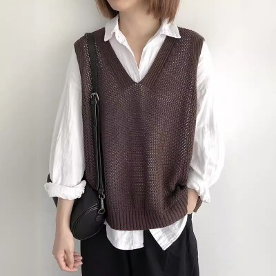 大码春秋新款文艺针织纯色缕空V领棉线无袖宽松女士叠穿马甲背心图5