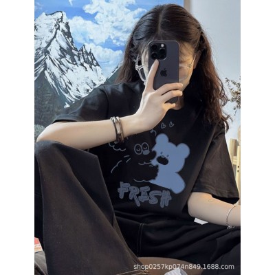 2024新款重磅纯棉t恤女高级感宽松大码韩版正肩中长韩袖圆领上衣图3