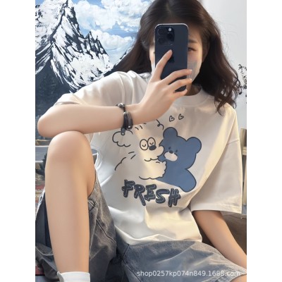 2024新款重磅纯棉t恤女高级感宽松大码韩版正肩中长韩袖圆领上衣图5