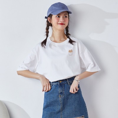 2024夏季新款洋气宽松圆领纯棉白色T恤衫女清新卡通印花短袖上衣图3