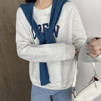 灰色卫衣女春秋宽松薄款圆领无帽慵懒风学生套头休闲上衣图3