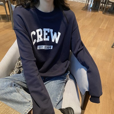灰色卫衣女春秋宽松薄款圆领无帽慵懒风学生套头休闲上衣图2