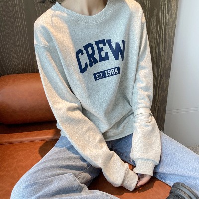 灰色卫衣女春秋宽松薄款圆领无帽慵懒风学生套头休闲上衣图5