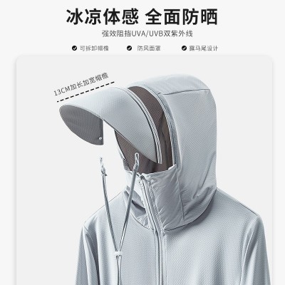冰丝修身防晒衣女男夏季薄款透气连帽大帽檐可拆卸外套儿童图3