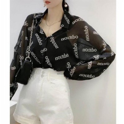 初夏新款韩版时尚字母印花小心机性感微透翻领雪纺衬衫女图3
