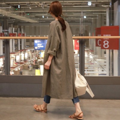 早秋新款韩版时尚棉麻防晒衣外套中长款宽松亚麻风衣女图2