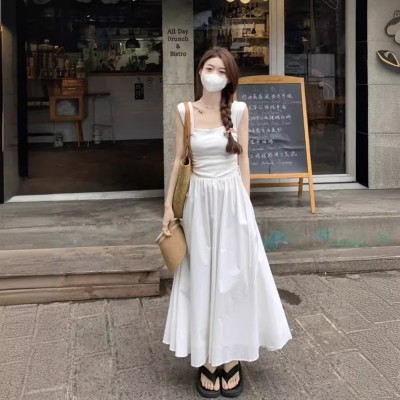法式白色方领针织吊带连衣裙夏季抽绳收腰气质背心裙长裙子图2