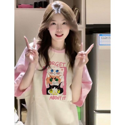 甜妹风卡通动漫短袖T恤女夏季拼色纯棉显瘦遮屁股上衣潮牌CX6090图2