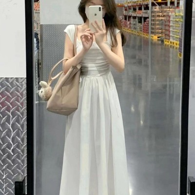 法式方领纯欲辣妹白色连衣裙女夏季新款收腰气质修身绑带高腰长裙图2