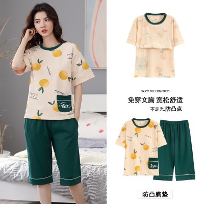 纯棉带胸垫睡衣女士夏季短袖七分裤可外穿休闲少女全棉家居服套装图4