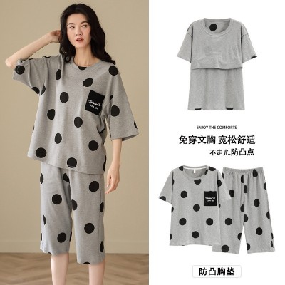 纯棉带胸垫睡衣女士夏季短袖七分裤可外穿休闲少女全棉家居服套装图5